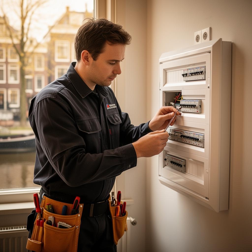 Gecertificeerde elektricien werkend aan een moderne groepenkast in Amsterdam